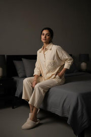 Cream Shirt Collar Embroidered Pure Cotton Co-Ord Set For Women