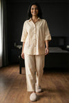 Cream Embroidered Pocket Shirt Collar Cotton Co-ord Set For Women
