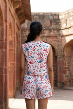 White Printed V-Neck Pure Cotton Co-Ord Set for Women - SanskrutiHomes 