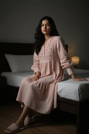 Pink Solid Print Round Neck Dress For Women