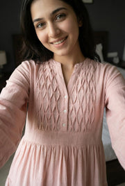Pink Solid Print Round Neck Dress For Women