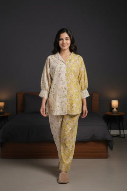 Lime Green Floral Print Shirt Collar Pure Cotton Oversize Co-Ords Set For Women