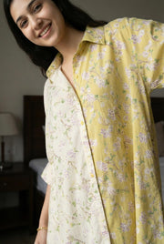 Lime Green Floral Print Shirt Collar Pure Cotton Oversize Co-Ords Set For Women