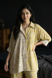 Lime Green Floral Print Shirt Collar Pure Cotton Oversize Co-Ords Set For Women