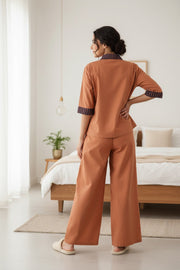 Brown Shirt Collar Embroidered Co-Ord Set For Women