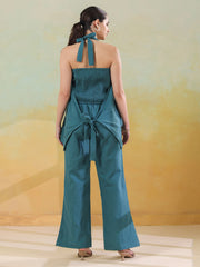 Green Solid V-Neck Linen Co-Ord Set For Women