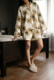 Cream Color Floral Print V-Neck Linen Co-Ords Set