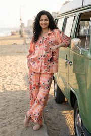 Red Shirt Collar Floral Printed Linen Co-Ord Set For Women