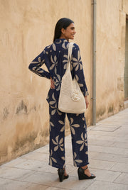 Navy Blue Motif Print Shirt Collar Co-Ord Set For Women