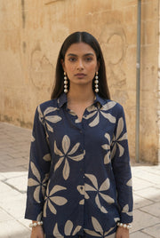 Navy Blue Motif Print Shirt Collar Co-Ord Set For Women