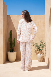 Cream Shirt Collar Motif Print Pure Cotton Co-ords Set for Women