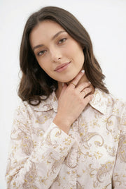 Cream Shirt Collar Motif Print Pure Cotton Co-ords Set for Women