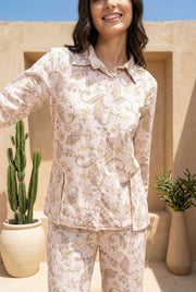 Cream Shirt Collar Motif Print Pure Cotton Co-ords Set for Women