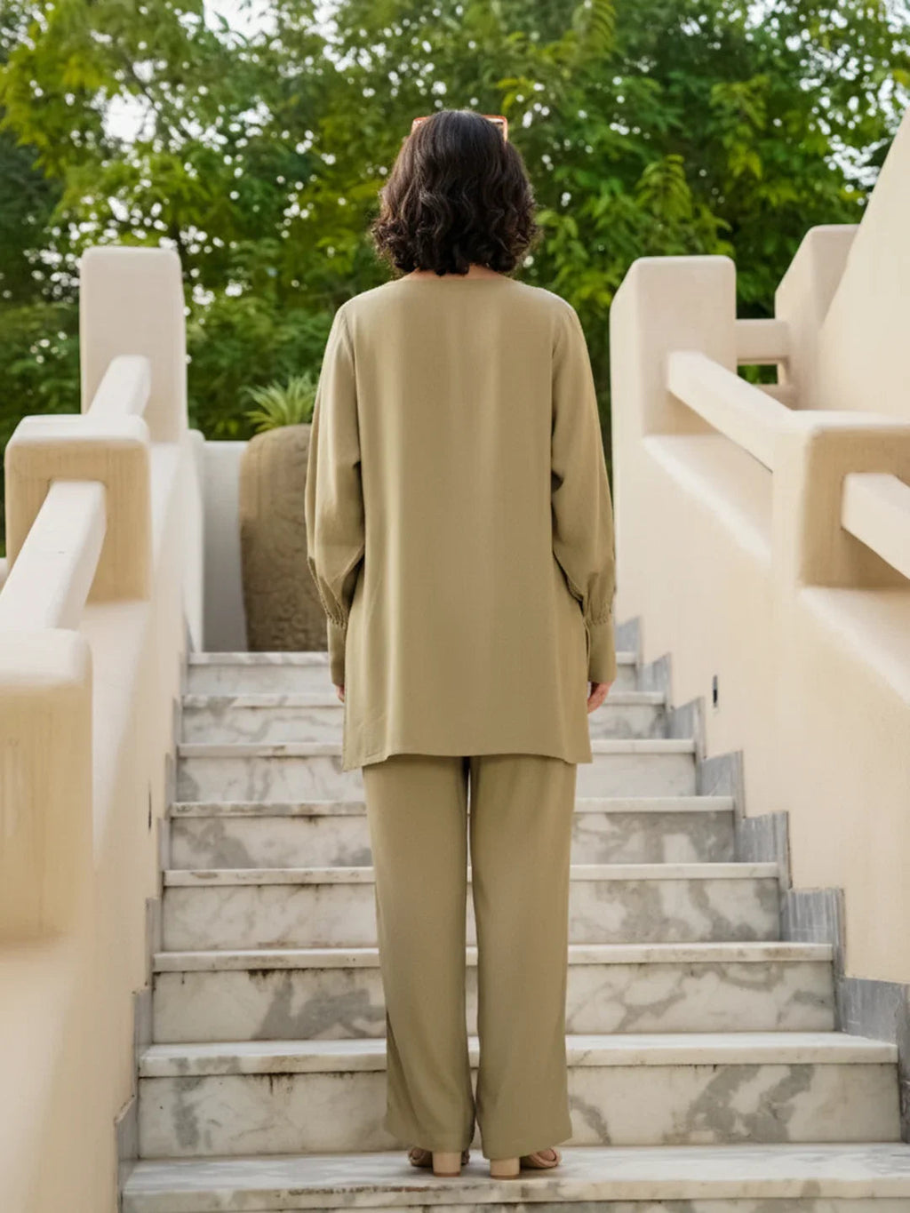 Beige Linen Embroidered Shirt Collar Co-Ords Set For Women