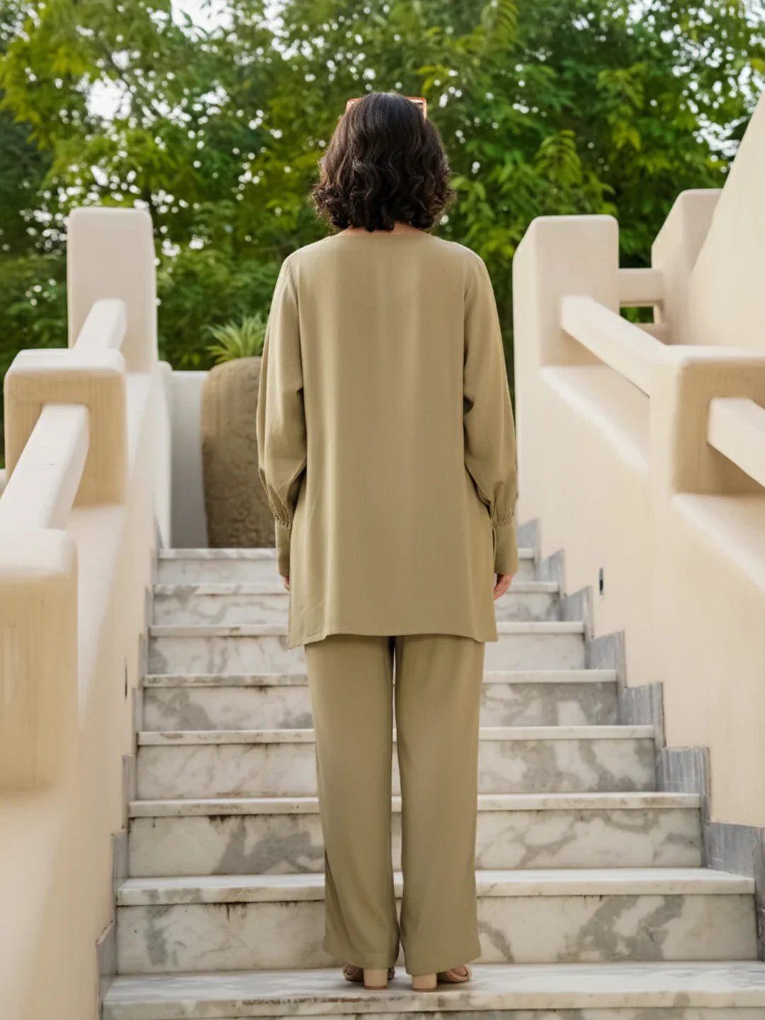 Beige Linen Embroidered Shirt Collar Co-Ords Set For Women