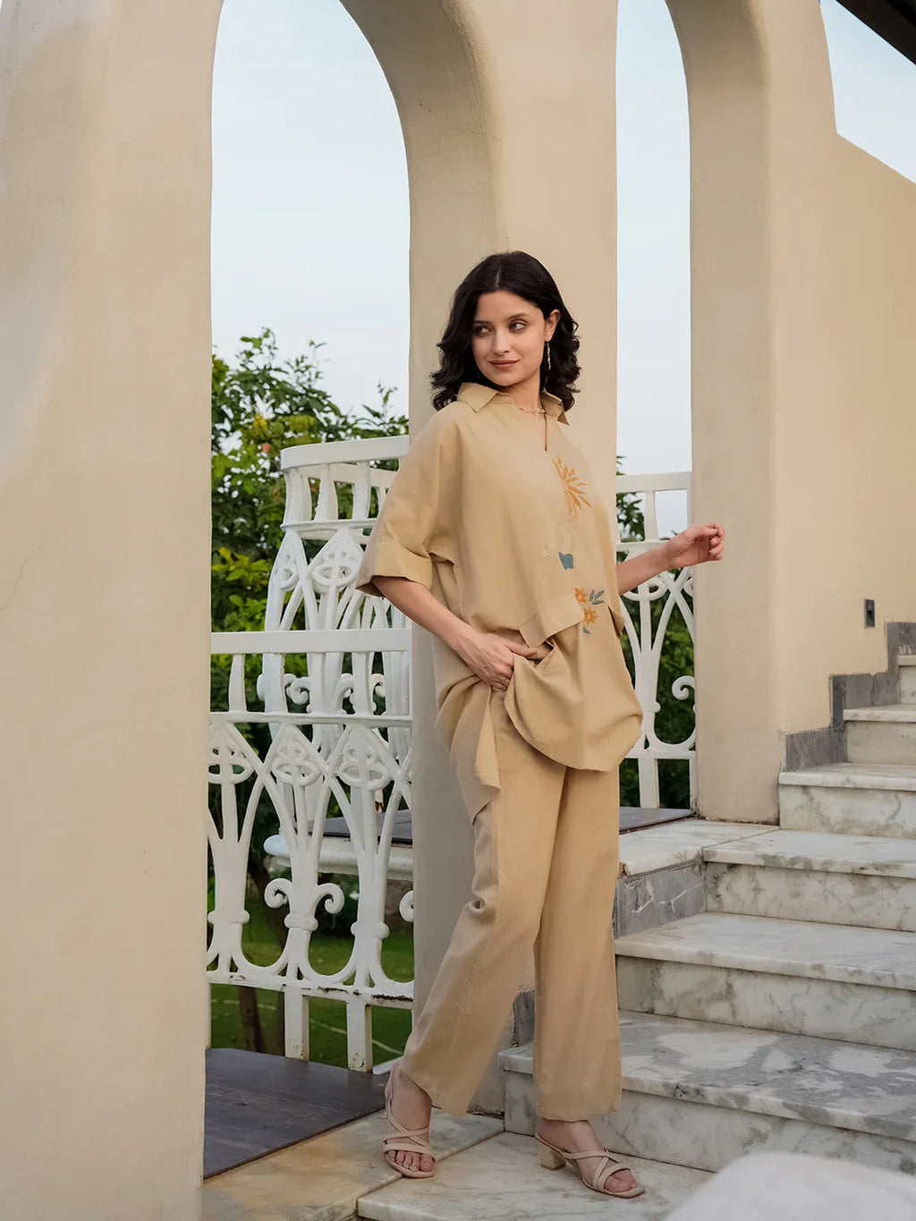 Beige Linen Embroidered Shirt Collar Co-Ords Set For Women