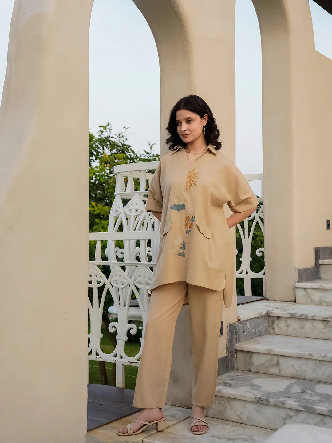 Beige Linen Embroidered Shirt Collar Co-Ords Set For Women