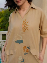 Beige Linen Embroidered Shirt Collar Co-Ords Set For Women