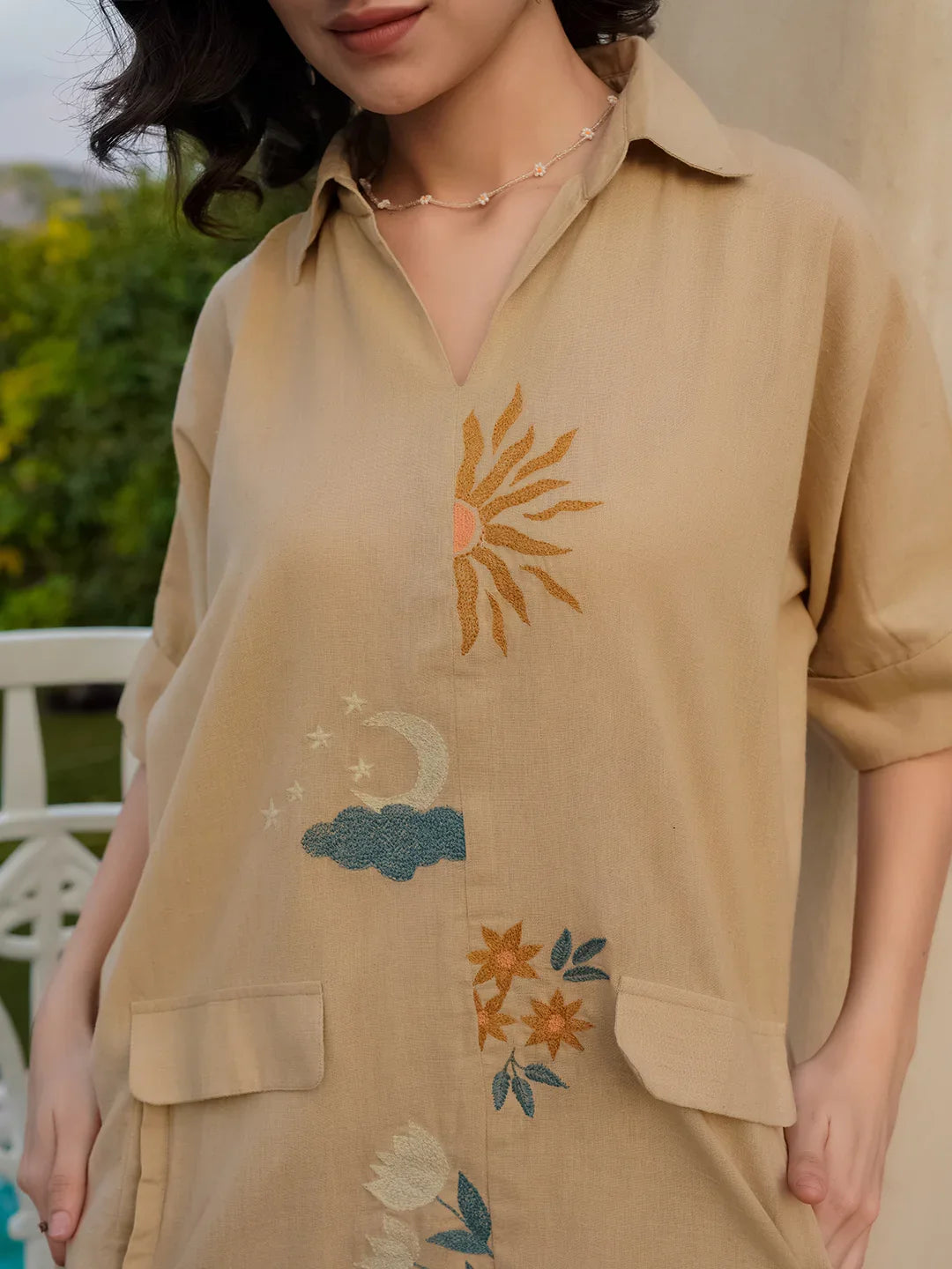 Beige Linen Embroidered Shirt Collar Co-Ords Set For Women