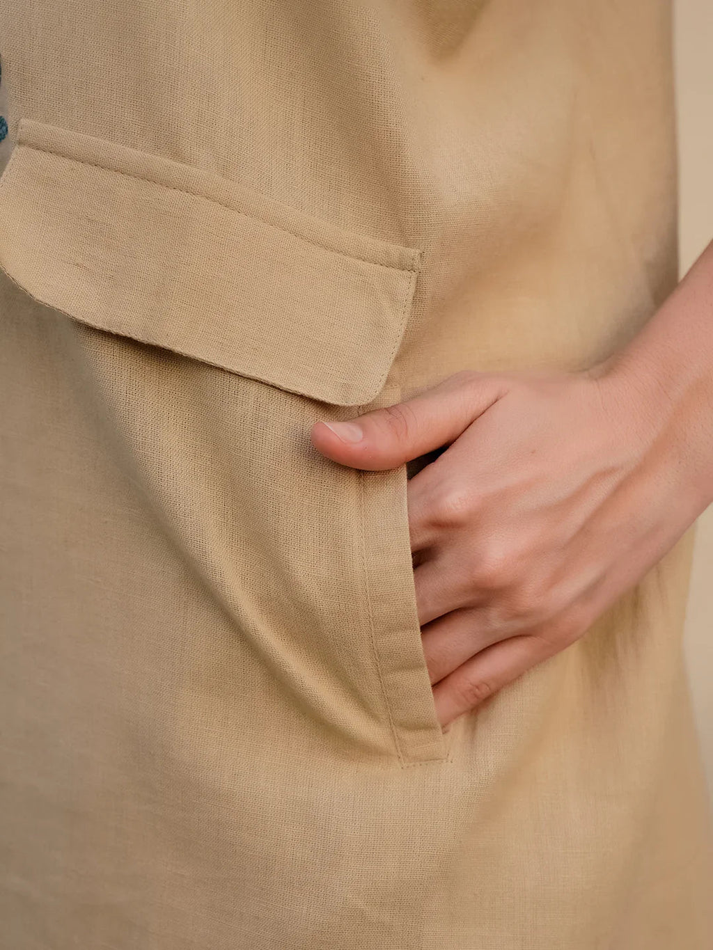 Beige Linen Embroidered Shirt Collar Co-Ords Set For Women