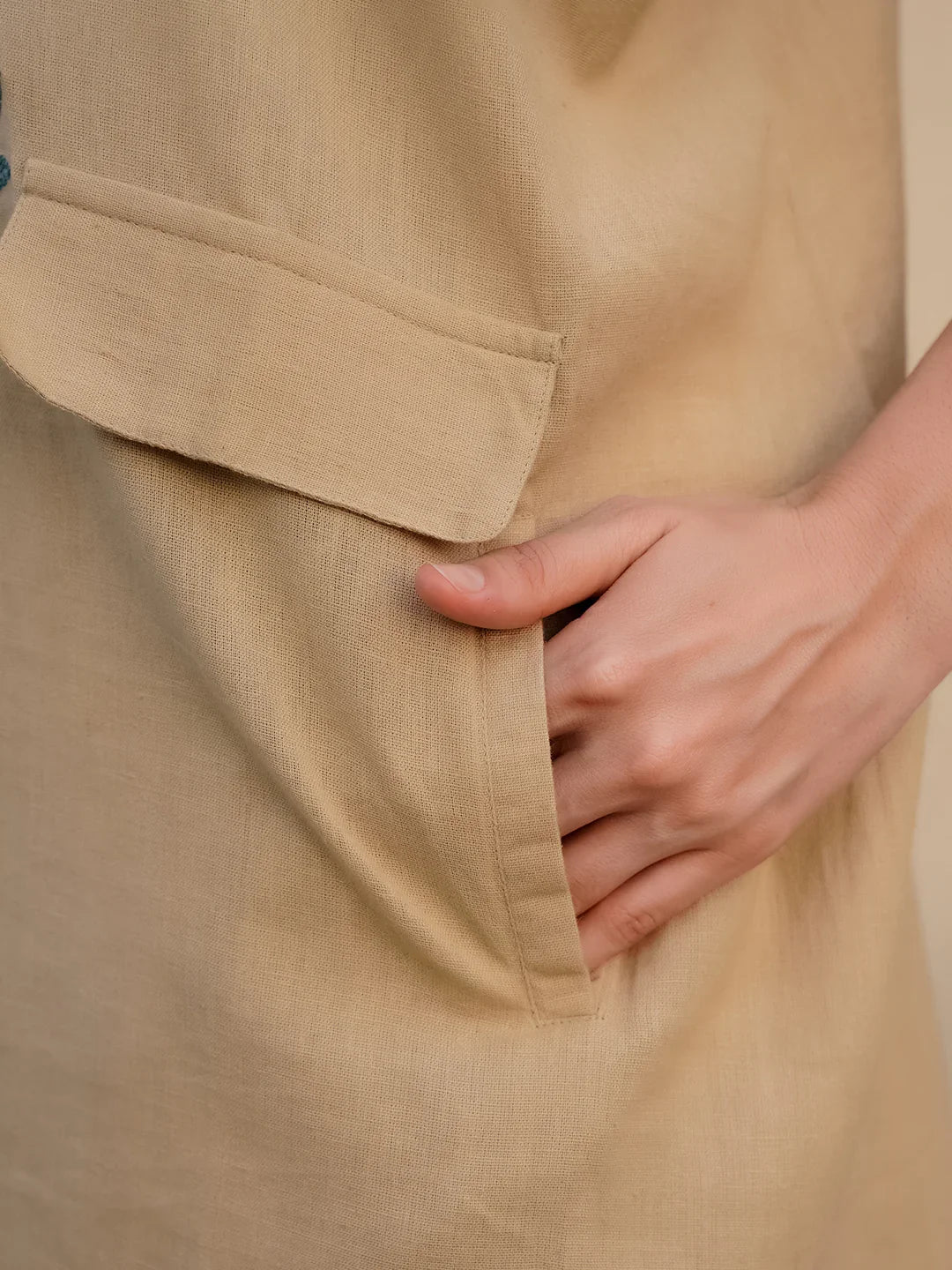 Beige Linen Embroidered Shirt Collar Co-Ords Set For Women