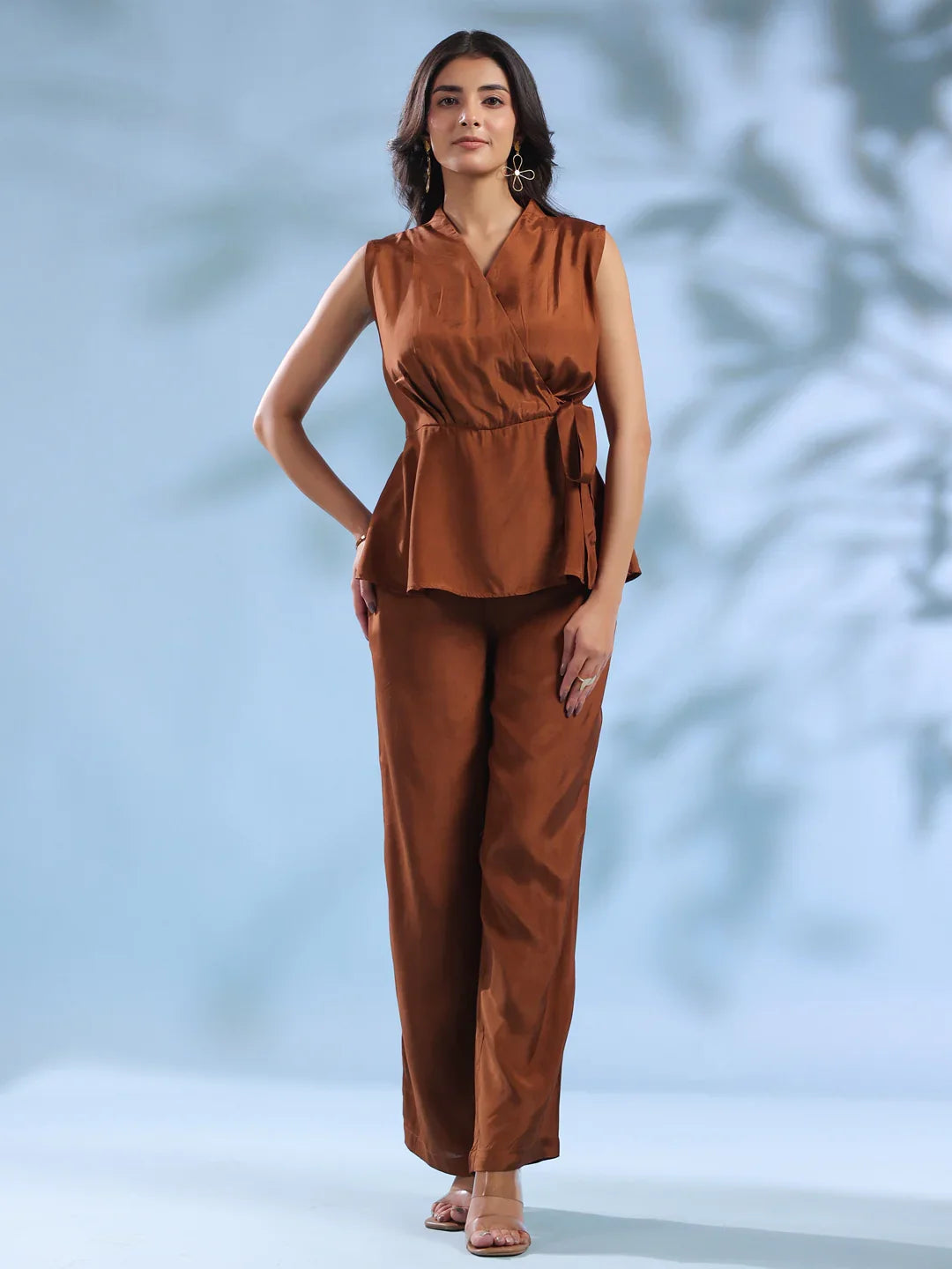 Brown Solid V-Neck Polyester Co-ord Set for Women - SanskrutiHomes 