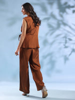 Brown Solid V-Neck Polyester Co-ord Set for Women - SanskrutiHomes 