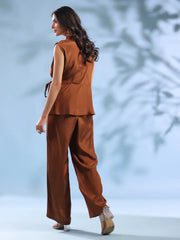Brown Solid V-Neck Polyester Co-ord Set for Women - SanskrutiHomes 