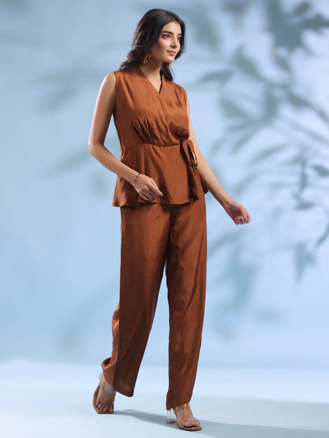 Brown Solid V-Neck Polyester Co-ord Set for Women - SanskrutiHomes 