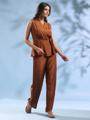Brown Solid V-Neck Polyester Co-Ord Set For Women