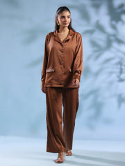 Rust Solid Shirt Collar Polyester Co-ord set for Women - SanskrutiHomes 