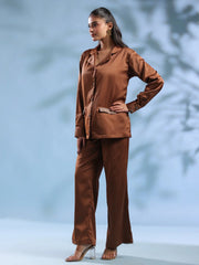 Rust Solid Shirt Collar Polyester Co-ord set for Women - SanskrutiHomes 