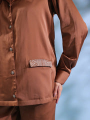 Rust Solid Shirt Collar Polyester Co-ord set for Women - SanskrutiHomes 