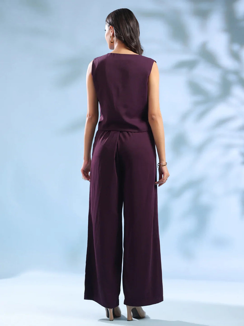 Purple Solid Shirt Collar Polyester Co-ord Set for Women - SanskrutiHomes 