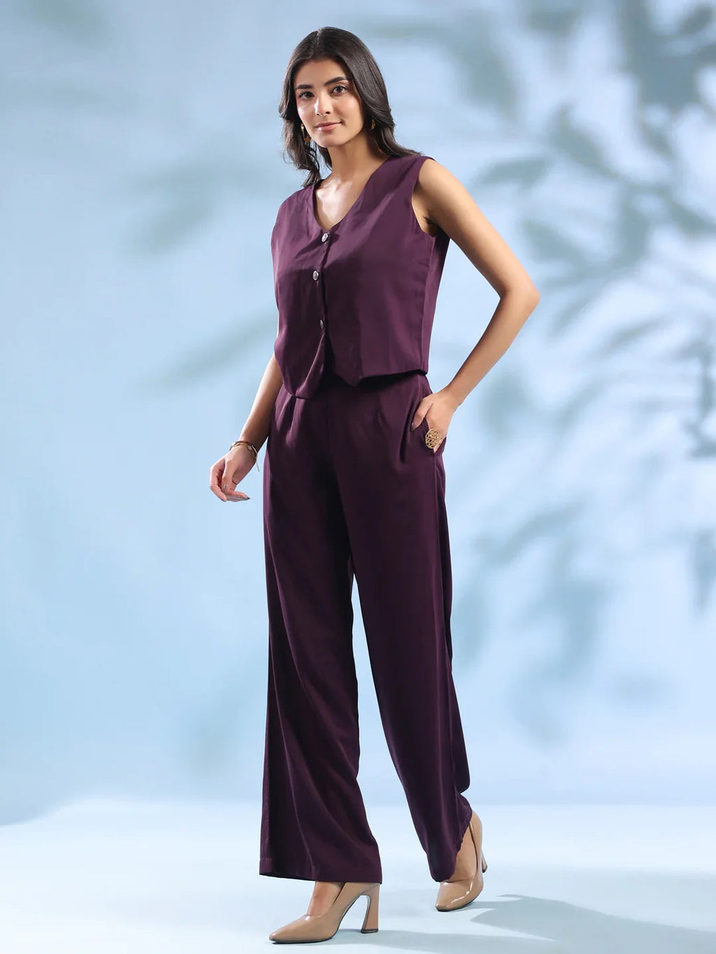 Purple Solid Shirt Collar Polyester Co-ord Set for Women - SanskrutiHomes 