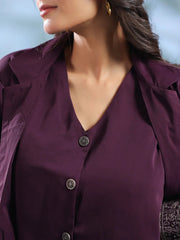 Purple Solid Shirt Collar Polyester Co-ord Set for Women - SanskrutiHomes 
