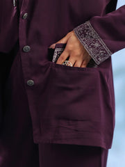Purple Solid Shirt Collar Polyester Co-ord Set for Women - SanskrutiHomes 