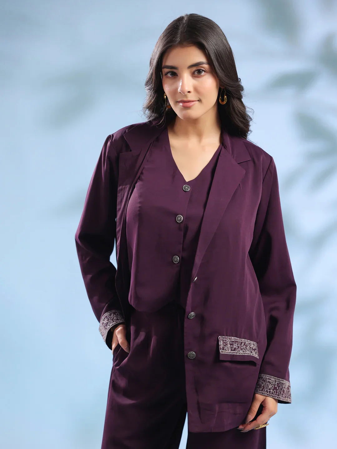 Purple Solid Shirt Collar Polyester Co-ord Set for Women - SanskrutiHomes 
