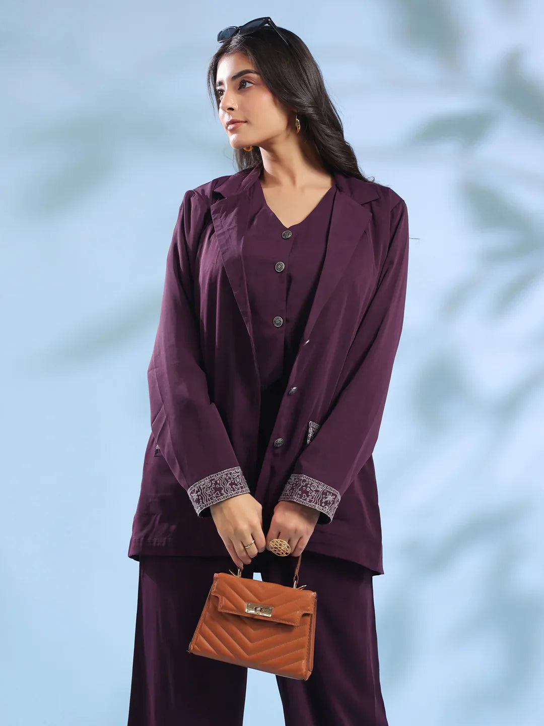 Purple Solid Shirt Collar Polyester Co-ord Set for Women - SanskrutiHomes 