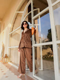 Brown Viscose Velvet Solid Shirt Collar Co-ords Set for Women - SanskrutiHomes 