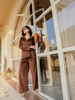 Brown Viscose Velvet Solid Shirt Collar Co-ords Set for Women - SanskrutiHomes 
