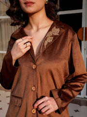 Brown Viscose Velvet Solid Shirt Collar Co-Ords Set For Women