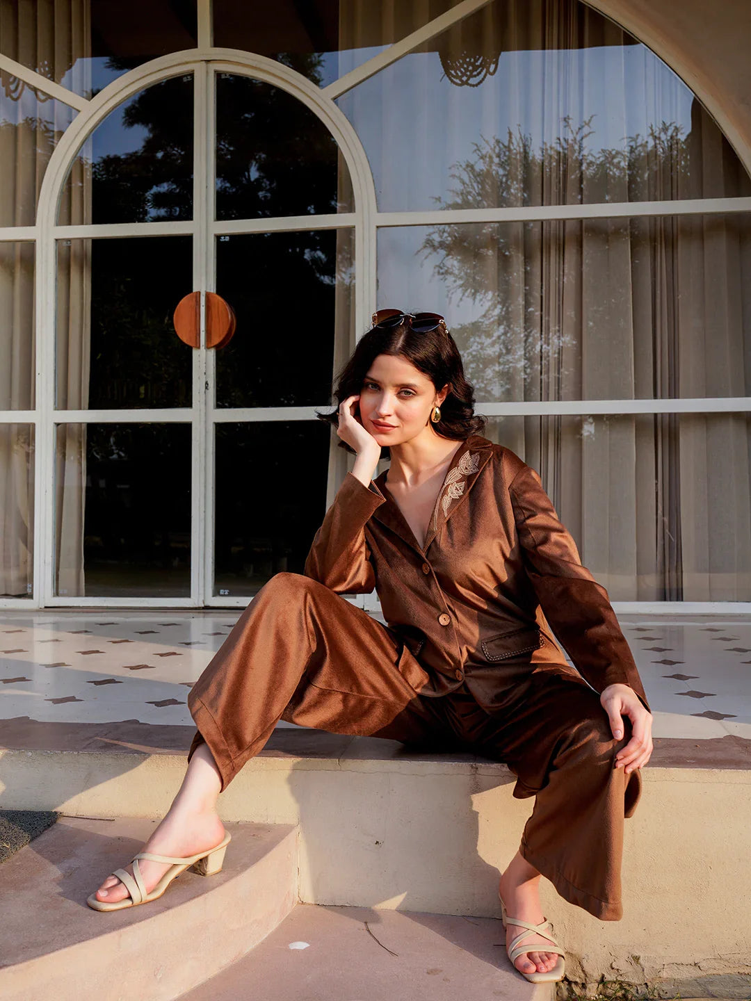 Brown Viscose Velvet Solid Shirt Collar Co-ords Set for Women - SanskrutiHomes 