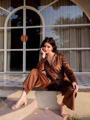 Brown Viscose Velvet Solid Shirt Collar Co-Ords Set For Women