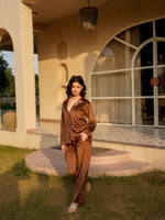 Brown Viscose Velvet Solid Shirt Collar Co-ords Set for Women - SanskrutiHomes 