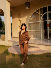 Brown Viscose Velvet Solid Shirt Collar Co-ords Set for Women - SanskrutiHomes 