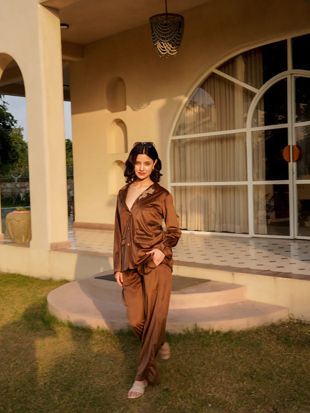 Brown Viscose Velvet Solid Shirt Collar Co-ords Set for Women - SanskrutiHomes 