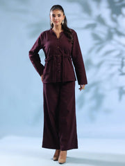 Purple Solid Round Neck Pure Cotton Co-ord Set for Women - SanskrutiHomes 
