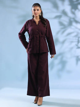 Purple Solid Round Neck Pure Cotton Co-ord Set for Women - SanskrutiHomes 
