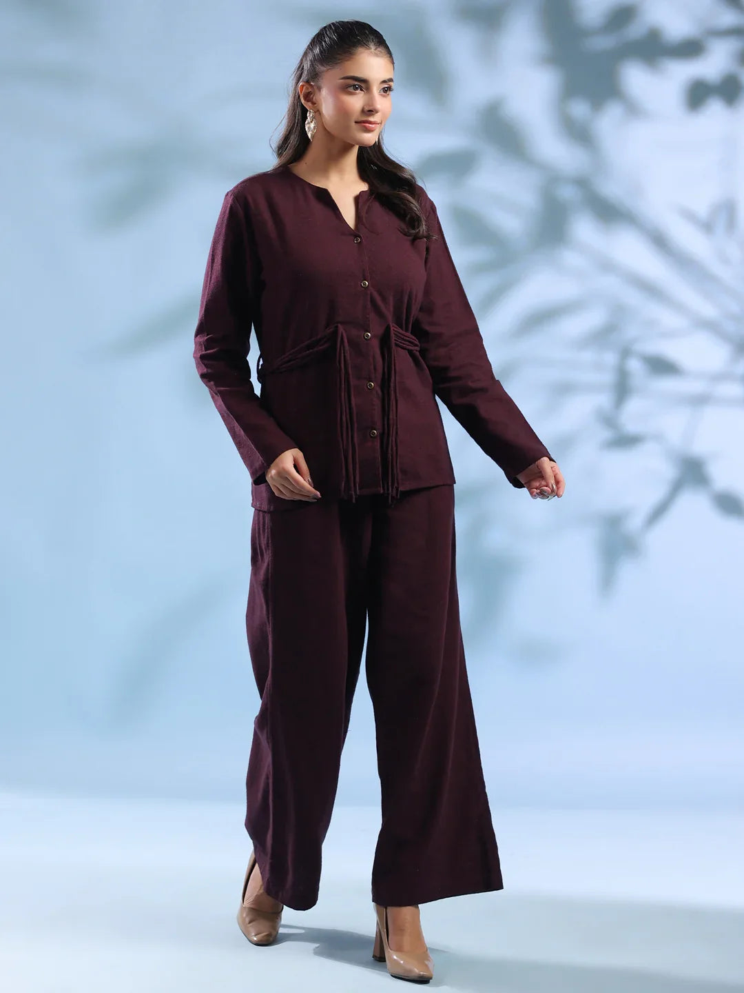 Purple Solid Round Neck Pure Cotton Co-ord Set for Women - SanskrutiHomes 